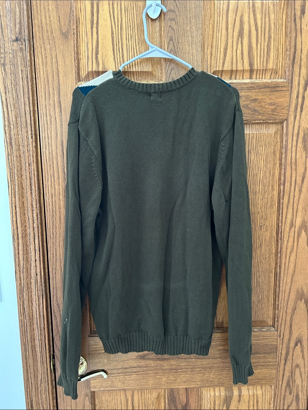 Arrow Men's Olive V-Neck Argyle Sweater with Teal and Cream Diamonds image 3
